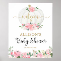 Pink gold white pumpkin baby shower welcome sign