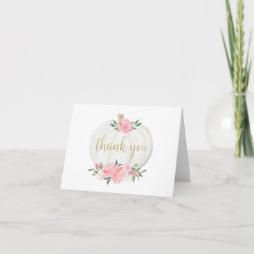 Pink gold white pumpkin fall floral thank you card