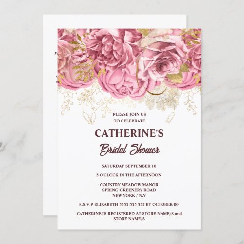 Pink gold white rose floral bridal shower chic invitation