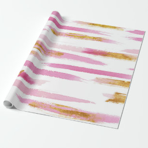 Pink Gold & White Watercolor Paint Stripes Pattern Wrapping Paper
