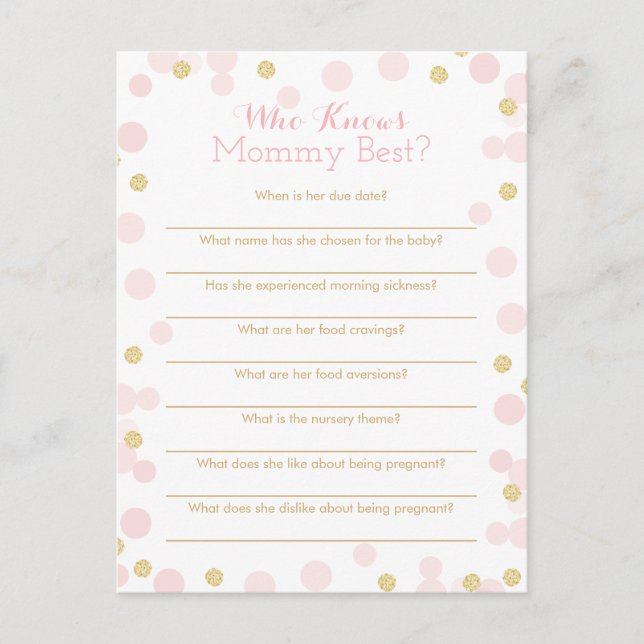 Pink Gold Who Knows Mommy Best Quiz Game Card (Front)