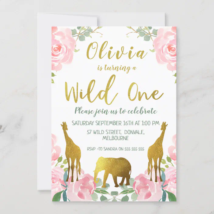 Printed Invites Personalized Digital or Printed Pink Watercolor Giraffe Birthday Invitations Girl Safari Jungle First Birthday
