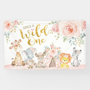 Pink Gold Wild One Jungle Safari Animals Birthday  Banner