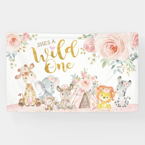 Pink Gold Wild One Jungle Safari Animals Birthday  Banner