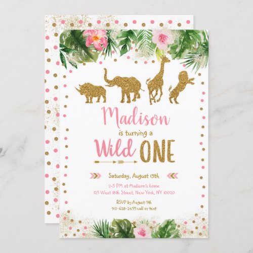 Pink  Gold Wild One Safari First Birthday Invitation