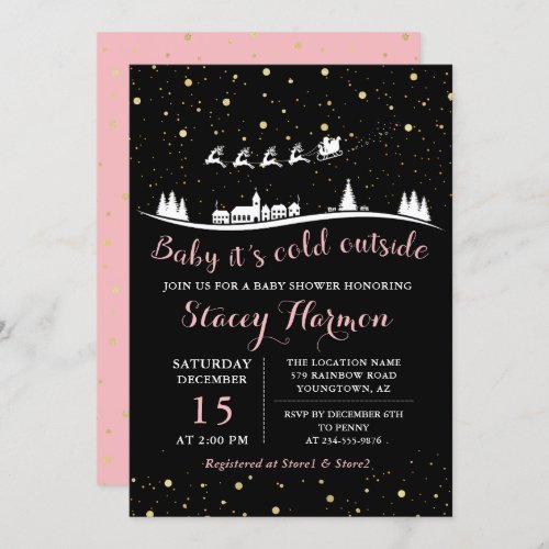 Pink Gold Winter Baby Its Cold Outside Baby Shower Invitation