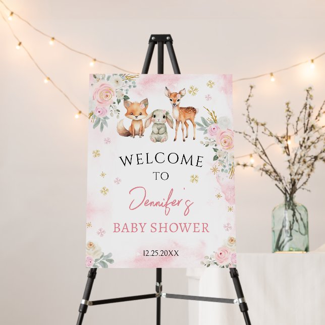 Pink gold winter baby shower welcome sign board (In Situ (Stand))