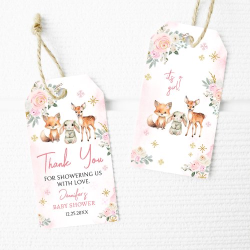 Pink gold winter girl baby shower thank you tag