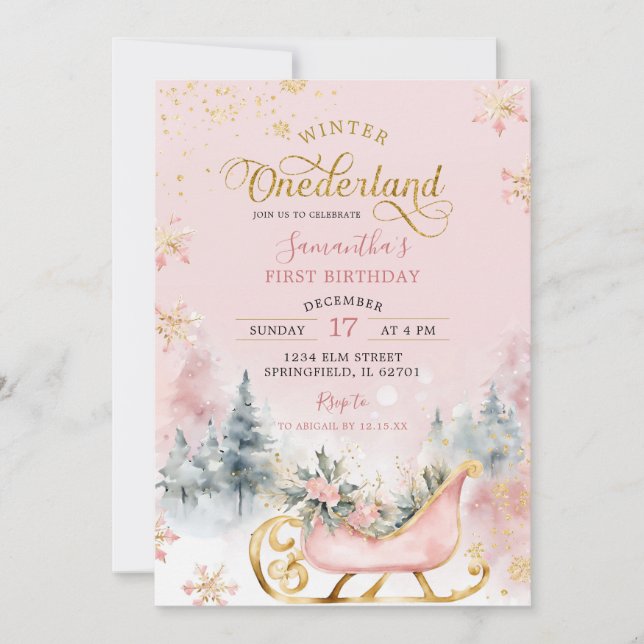 Pink Gold Winter Onederland 1st Birthday Forest Invitation (Front)