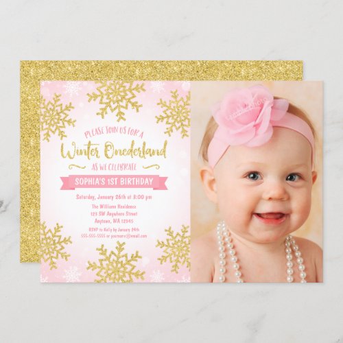 Pink Gold Winter ONEderland 1st Birthday Photo Invitation