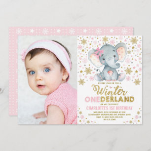 Pink Gold Winter Onederland Elephant 1st Birthday Invitation