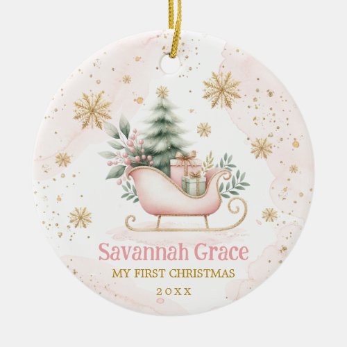Pink Gold Winter Sleigh Baby Girl 1st Christmas Ceramic Ornament
