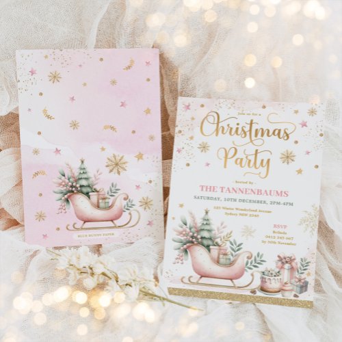 Pink Gold Winter Sleigh Snowflakes Christmas Party Invitation
