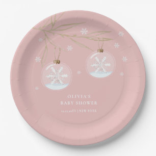 Pink Gold Winter Snowflake Baby Shower Paper Plates