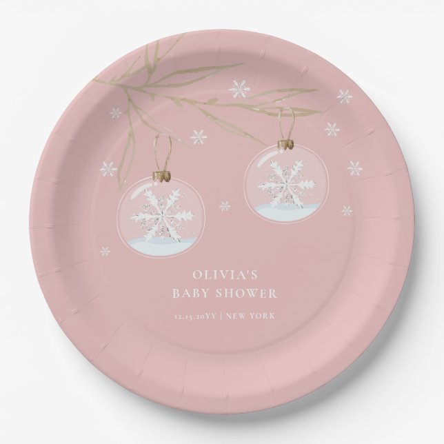 Pink Gold Winter Snowflake Baby Shower  Paper Plates (Front)