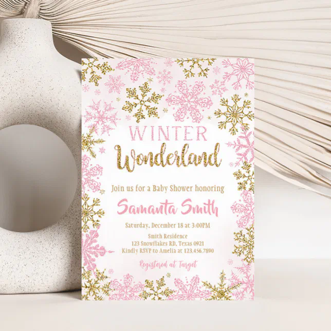Pink Gold Winter Wonderland Baby Shower Invitation Zazzle