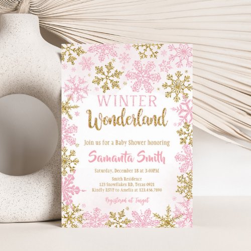 Pink Gold Winter Wonderland Baby Shower  Invitation