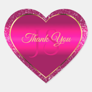 Pink Gold with Glitter and Initials Cute Thank You Heart Sticker