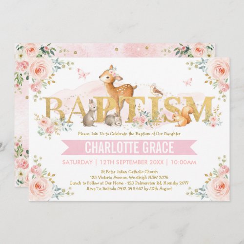 Pink Gold Woodland Animals Blush Floral Baptism Invitation