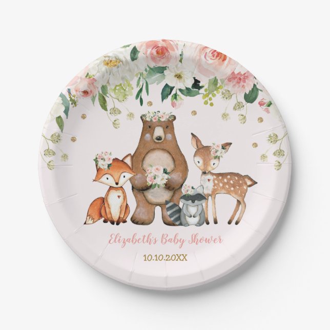 Pink Gold Woodland Animals Forest Floral Baby Girl Paper Plates (Front)