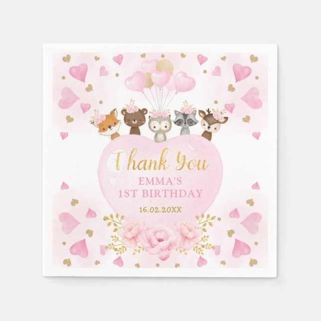 Pink Gold Woodland Sweetheart Valentines Birthday Napkins (Front)
