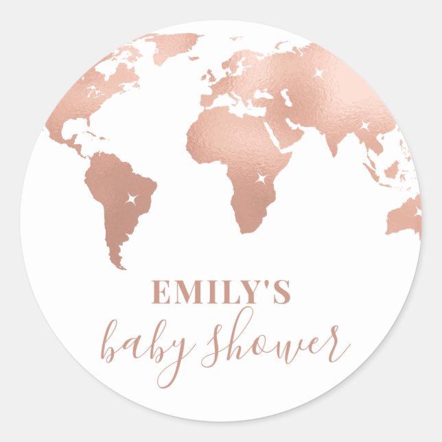 Pink Gold World Map Travel Adventure Baby Shower  Classic Round Sticker (Front)