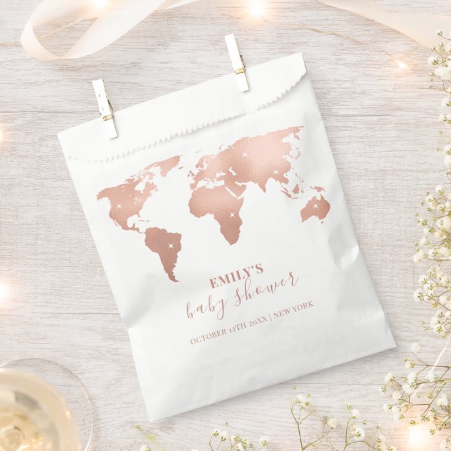 Pink Gold World Map Travel Adventure Baby Shower  Favor Bag (Clipped)