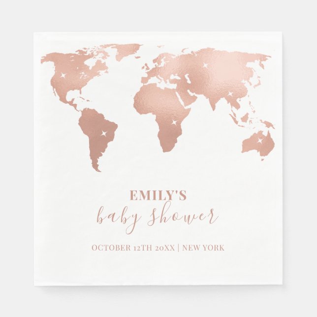 Pink Gold World Map Travel Adventure Baby Shower  Napkins (Front)