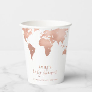 Pink Gold World Map Travel Adventure Baby Shower  Paper Cups