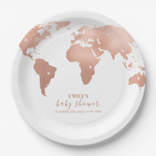 Pink Gold World Map Travel Adventure Baby Shower Paper Plates
