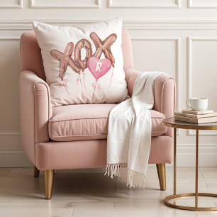 Pink Gold XOX Heart Balloons Valentine Monogram Throw Pillow