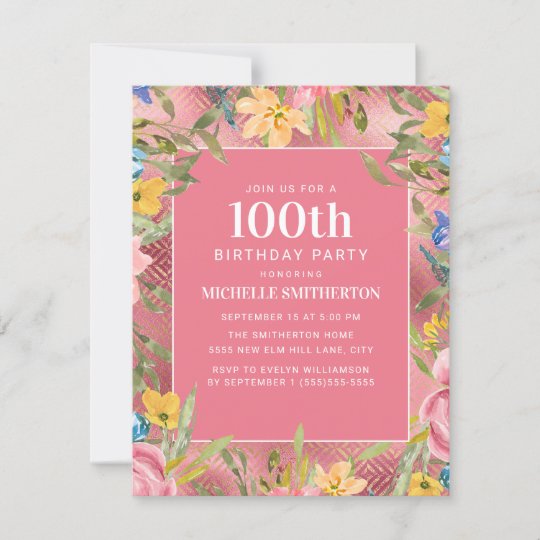 Pink Gold Yellow Blue Floral 100th Birthday Women Invitation | Zazzle.com