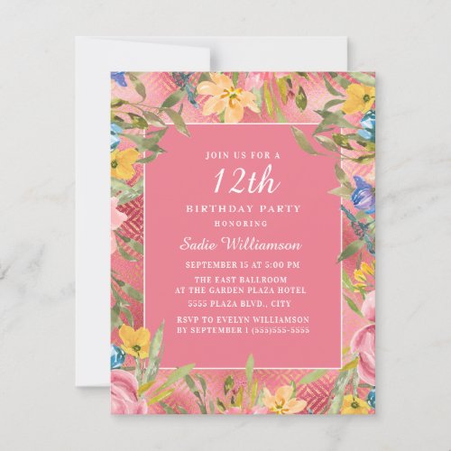Pink Gold Yellow Blue Floral 12th Birthday Invitation