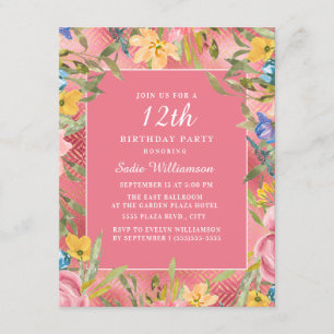 Pink Gold Yellow Blue Floral 12th Birthday Invitation