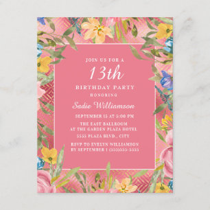 Pink Gold Yellow Blue Floral 13th Birthday Invitation