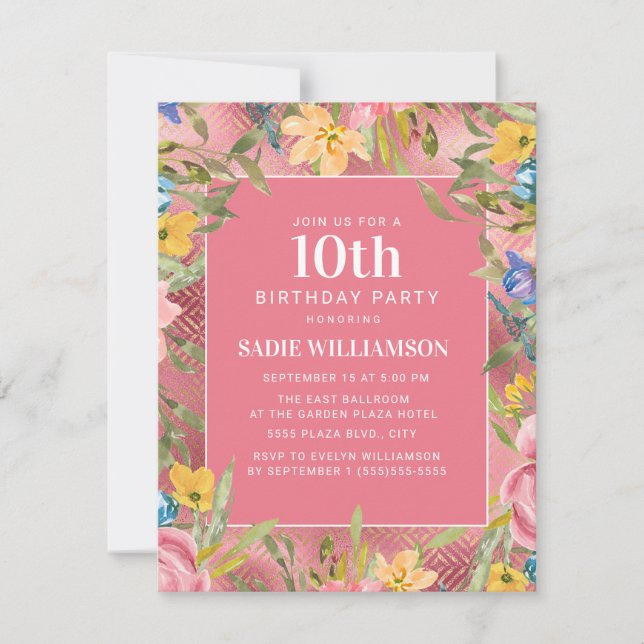 Pink Gold Yellow Blue Floral Girl's 10th Birthday Invitation (Front)