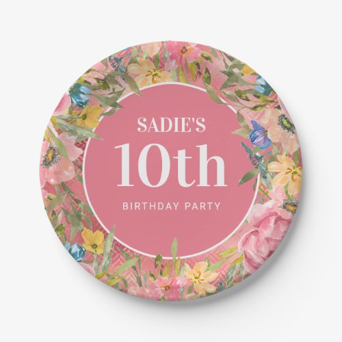 Pink Gold Yellow Blue Floral Girls 10th Birthday Paper Plates