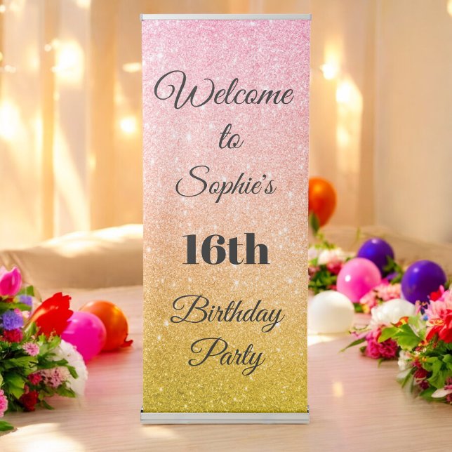 Pink Gold Yellow Glitter Birthday Party Retractable Banner (Creator Uploaded)