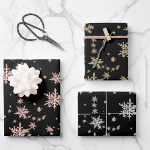 Pink Gold Yellow Gold Silver Snowflakes Black Wrapping Paper Sheets