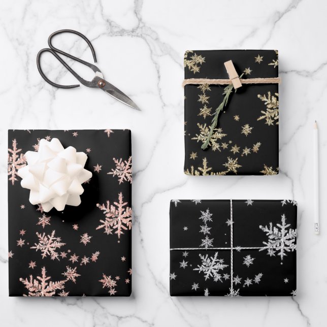 Pink Gold Yellow Gold Silver Snowflakes Black Wrapping Paper Sheets (Front)