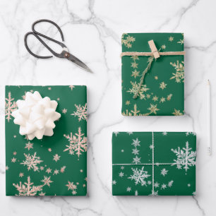 Pink Gold Yellow Gold Silver Snowflakes Green Wrapping Paper Sheets
