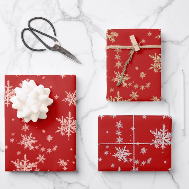 Pink Gold Yellow Gold Silver Snowflakes Red Wrapping Paper Sheets (Front)