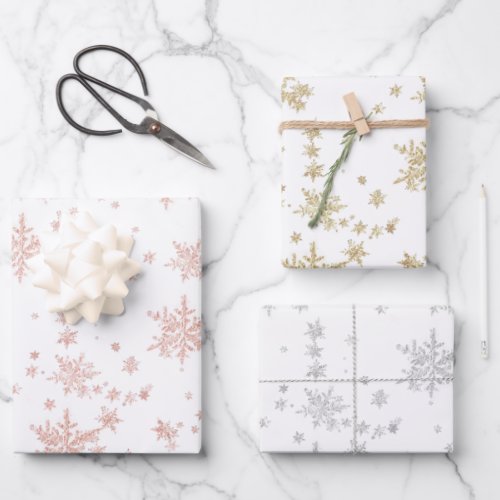 Pink Gold Yellow Gold Silver Snowflakes White Wrapping Paper Sheets