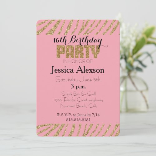 Pink Gold Zebra Print Faux Glitter 16th Birthday Invitation