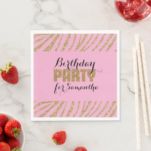 Pink Gold Zebra Print Faux Glitter Birthday Napkins