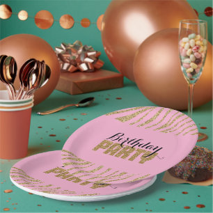 Pink Gold Zebra Print Faux Glitter Birthday Paper Plates