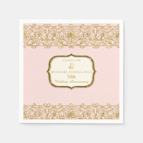 Pink Golden 50th Wedding Anniversary Celebration Paper Napkins