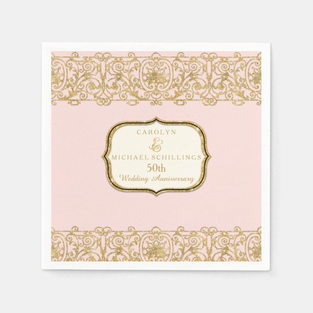 Pink Golden 50th Wedding Anniversary Celebration Paper Napkins (Front)