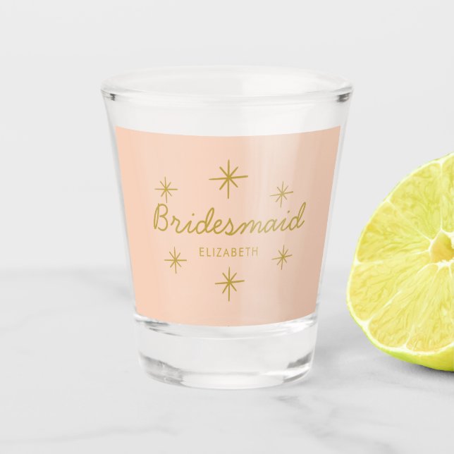 Pink Golden Calligraphy Stars Bridesmaid gift Shot Glass (Front)