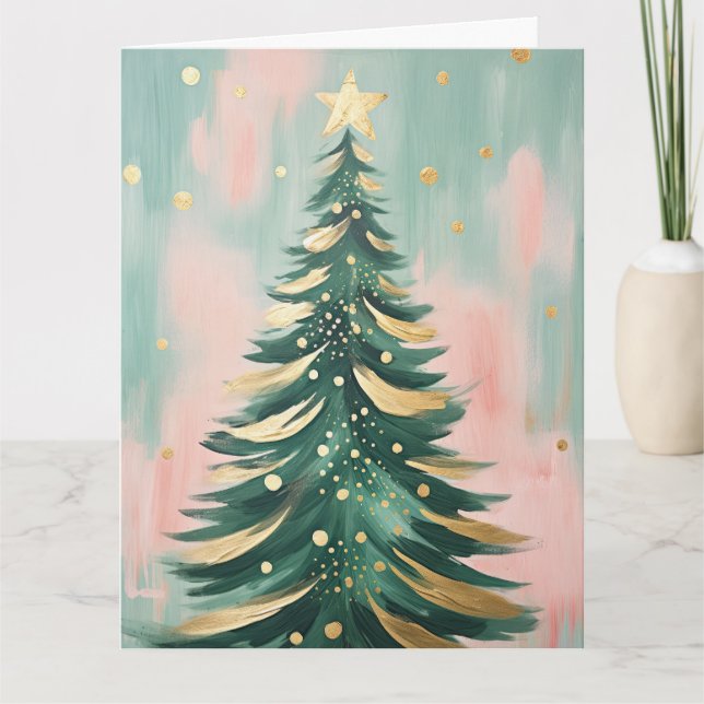Pink Golden Christmas Tree Card (Front)